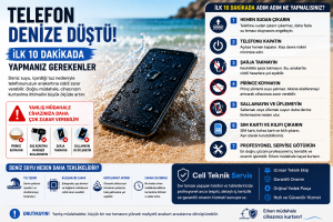 Telefon Denize Düştü İlk 10 Dakikada Yapılması Gerekenler Telefon denize düştüğünde yapılacak ilk müdahale, cihazın kurtarılma ihtimalini doğrudan etkiler. Bu görselde deniz suyuna maruz kalan telefonlarda ilk 10 dakikada uygulanması gereken doğru adımlar, kaçınılması gereken hatalar ve profesyonel teknik servis desteğinin önemi anlatılmaktadır. Cell Teknik Servis olarak iPhone, Samsung, Xiaomi, Redmi, Oppo, Huawei ve diğer marka telefonlarda sıvı teması, oksitlenme temizliği, anakart onarımı ve profesyonel arıza tespiti hizmeti sunuyoruz.