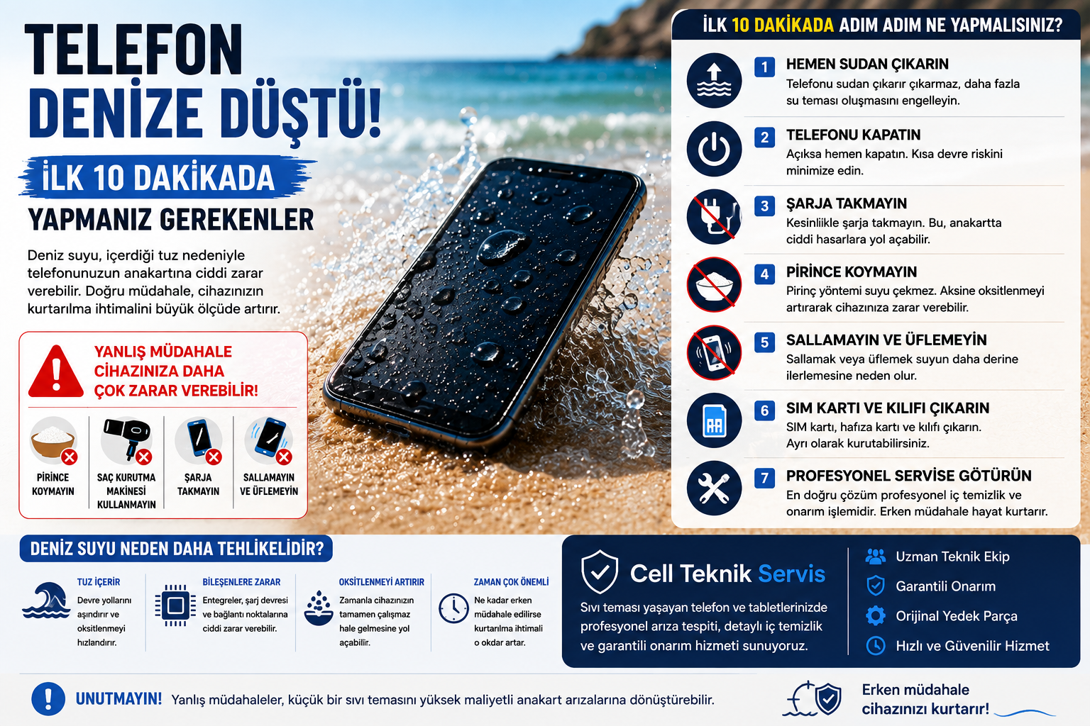 Telefon denize düştüğünde yapılacak ilk müdahale, cihazın kurtarılma ihtimalini doğrudan etkiler. Bu görselde deniz suyuna maruz kalan telefonlarda ilk 10 dakikada uygulanması gereken doğru adımlar, kaçınılması gereken hatalar ve profesyonel teknik servis desteğinin önemi anlatılmaktadır. Cell Teknik Servis olarak iPhone, Samsung, Xiaomi, Redmi, Oppo, Huawei ve diğer marka telefonlarda sıvı teması, oksitlenme temizliği, anakart onarımı ve profesyonel arıza tespiti hizmeti sunuyoruz.