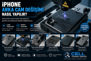 iPhone Arka Cam Değişimi Nasıl Yapılır? iPhone arka cam değişimi sırasında lazer teknolojisi ile kırık arka camın sökülmesini gösteren görsel.