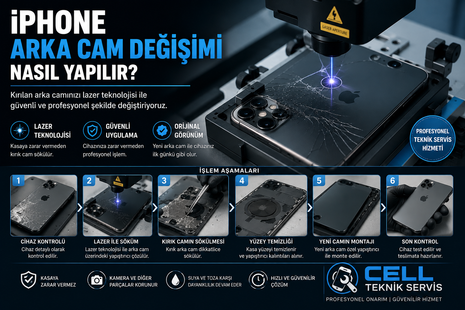 iPhone arka cam değişimi sırasında lazer teknolojisi ile kırık arka camın sökülmesini gösteren görsel.