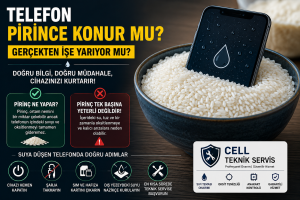 Telefon Pirince Konur mu? Gerçekten İşe Yarıyor mu? Suya düşen telefonun pirince konulmasının etkisini anlatan bilgilendirici görsel.