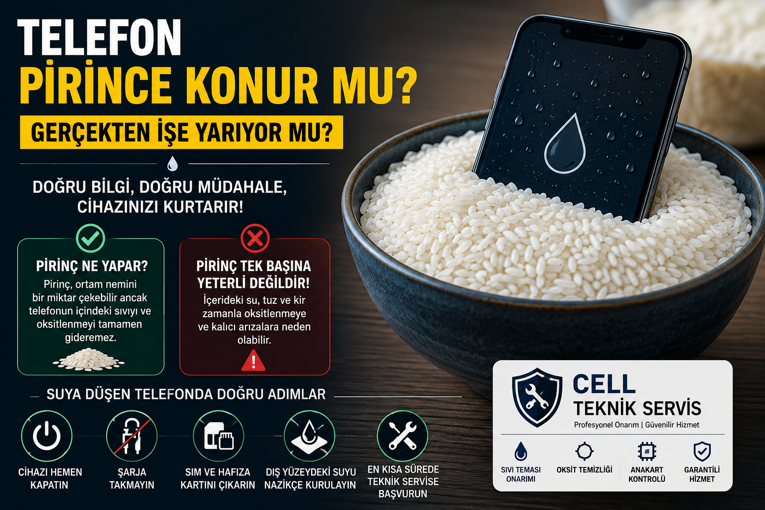 Suya düşen telefonun pirince konulmasının etkisini anlatan bilgilendirici görsel.