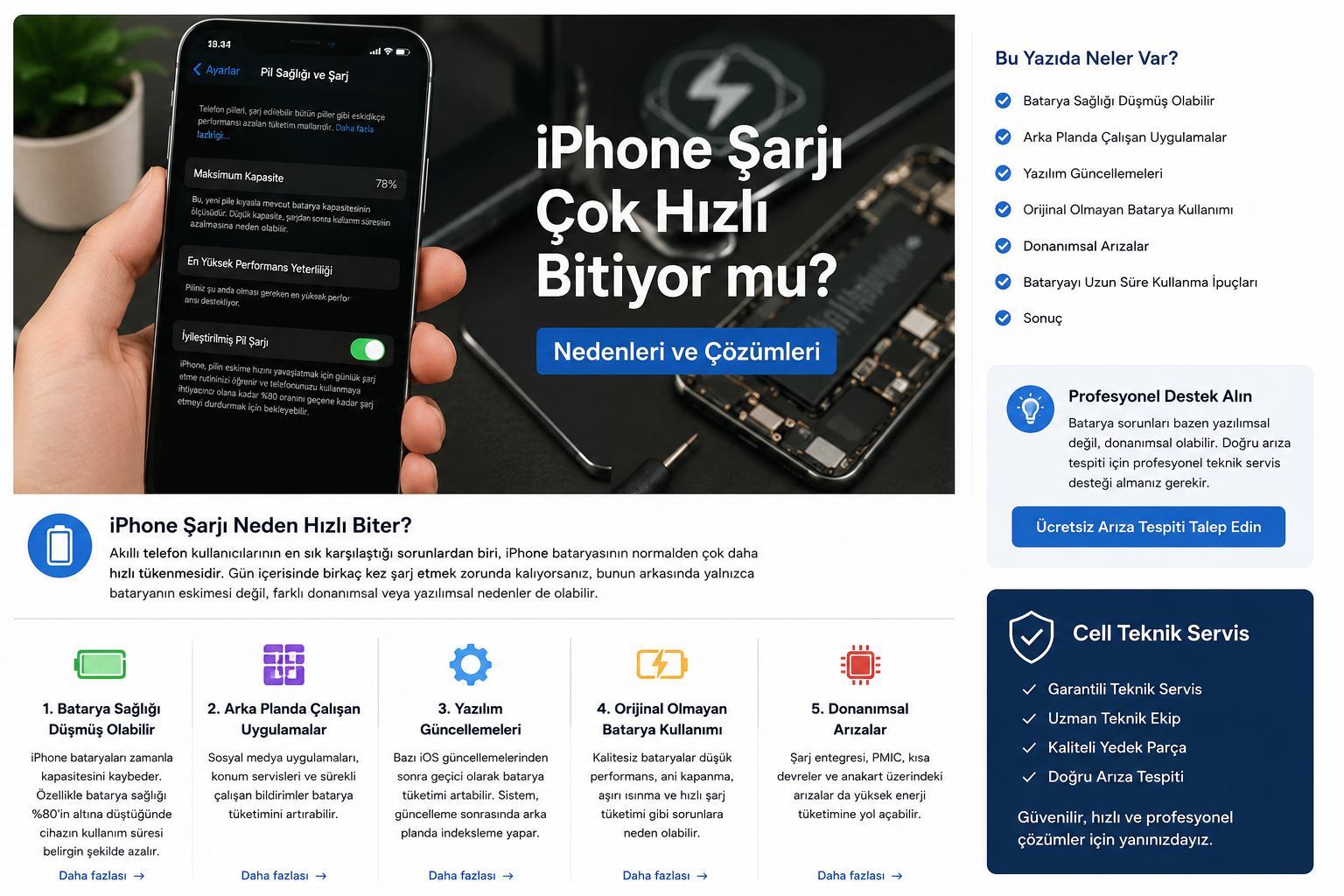 iPhone bataryasının hızlı tükenmesine neden olan başlıca sorunlar ve çözüm önerileri.